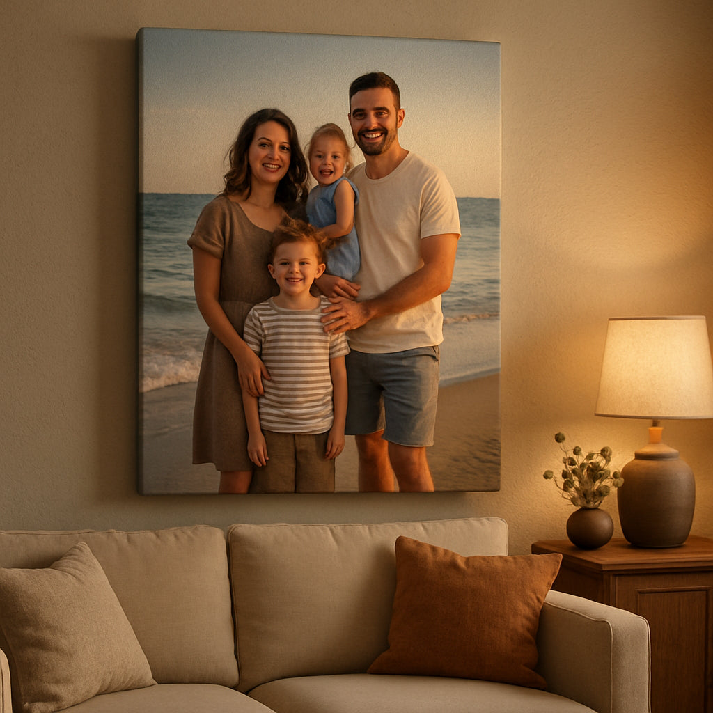 A cozy living room wall featuring a vibrant custom canvas print of a family beach photo, warm lighting highlighting the texture of the canvas. Alt: print on demand custom canvas wall art gift showcasing a high‑resolution family photo.