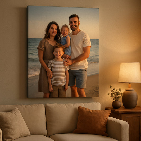 A cozy living room wall featuring a vibrant custom canvas print of a family beach photo, warm lighting highlighting the texture of the canvas. Alt: print on demand custom canvas wall art gift showcasing a high‑resolution family photo.