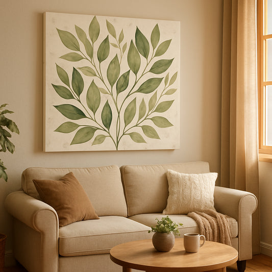 A cozy living room with a large custom canvas featuring a leafy, nature‑inspired design, warm natural lighting, and a coffee table nearby. Alt: print on demand custom canvas wall art gift in a nature‑inspired theme