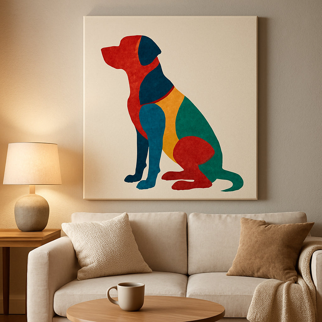 A cozy living room wall featuring a large canvas with a bold, colorful pet silhouette, soft lighting, and a coffee table with a coffee mug. Alt: "print on demand custom pet silhouette canvas gift displayed in a modern home setting"