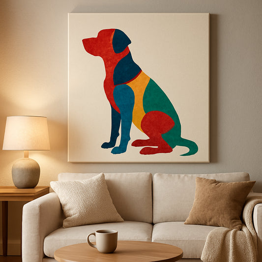 A cozy living room wall featuring a large canvas with a bold, colorful pet silhouette, soft lighting, and a coffee table with a coffee mug. Alt: "print on demand custom pet silhouette canvas gift displayed in a modern home setting"