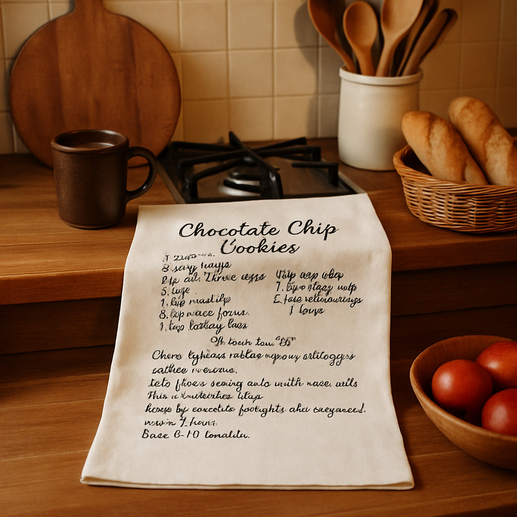 A cozy kitchen scene with a printed tea towel displaying a handwritten recipe, alt text: print on demand custom recipe tea towel gift