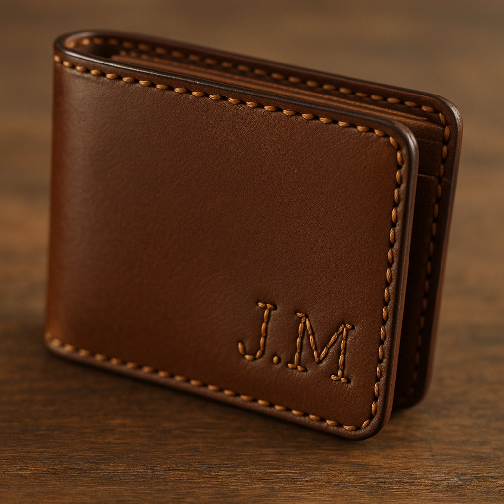Handcrafted monogram leather wallet with smooth polished edges and stitched initials. Alt: Custom monogram leather wallet gift showing hand-stitched detail and polished finish.