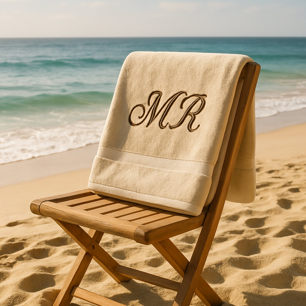 A sun‑kissed beach scene with a neatly folded monogrammed luxury towel draped over a wooden chair, showcasing elegant initials in a script font. Alt: custom beach towel with name gift showcasing monogram luxury towel.
