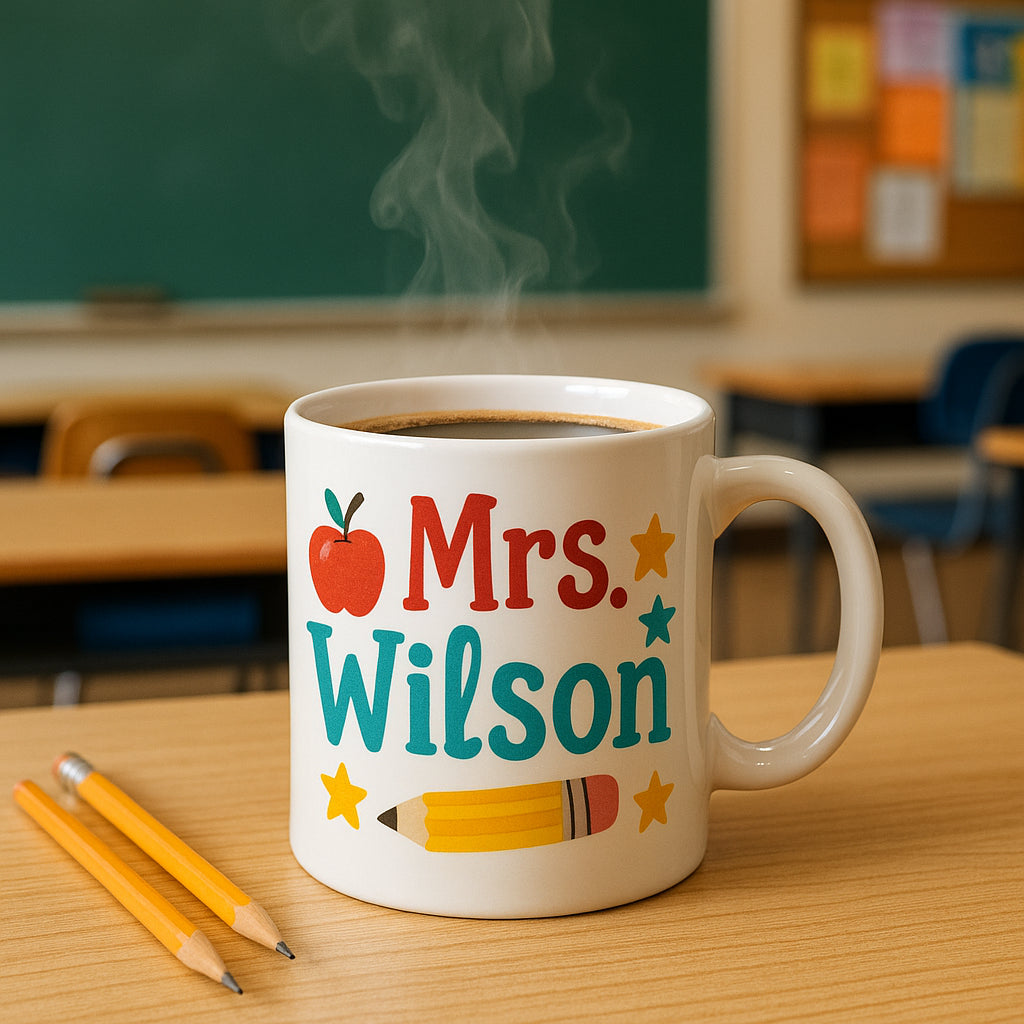 A vibrant personalized teacher coffee mug filled with steaming coffee, on a classroom desk. Alt: Personalized teacher gift coffee mug
