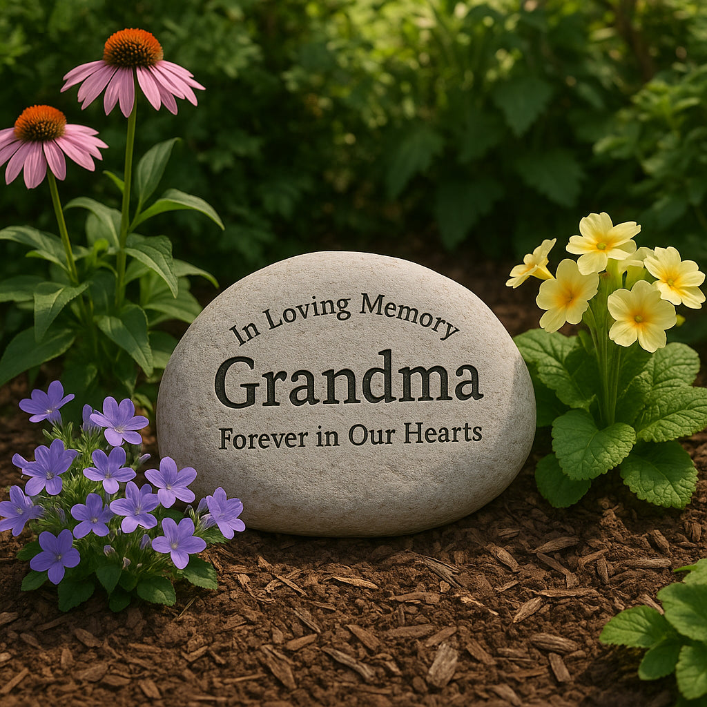 A tranquil garden scene featuring a beautifully engraved personalized garden stone nestled among blooming flowers and greenery. Alt: Personalized garden stone memorial gift placed in a peaceful garden setting.