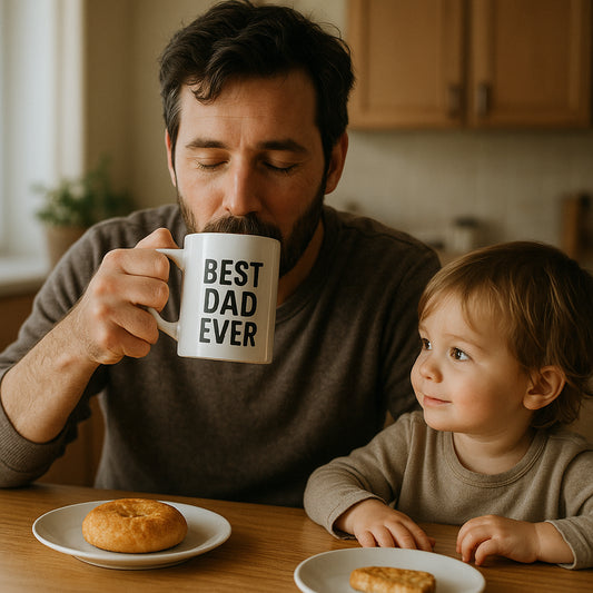 A cozy scene of a dad enjoying morning coffee from a personalized mug with his child nearby. Alt: Personalized Father’s Day gift coffee mug enhancing the morning coffee ritual