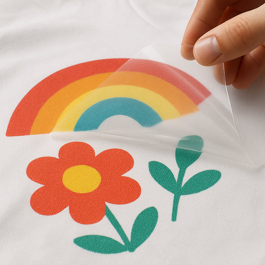 A high‑resolution close‑up of a DTF printed cotton T‑shirt being peeled from its PET film, showing vibrant colors and slight texture. Alt: DTF printing process on cotton t‑shirt with vivid colors and texture.