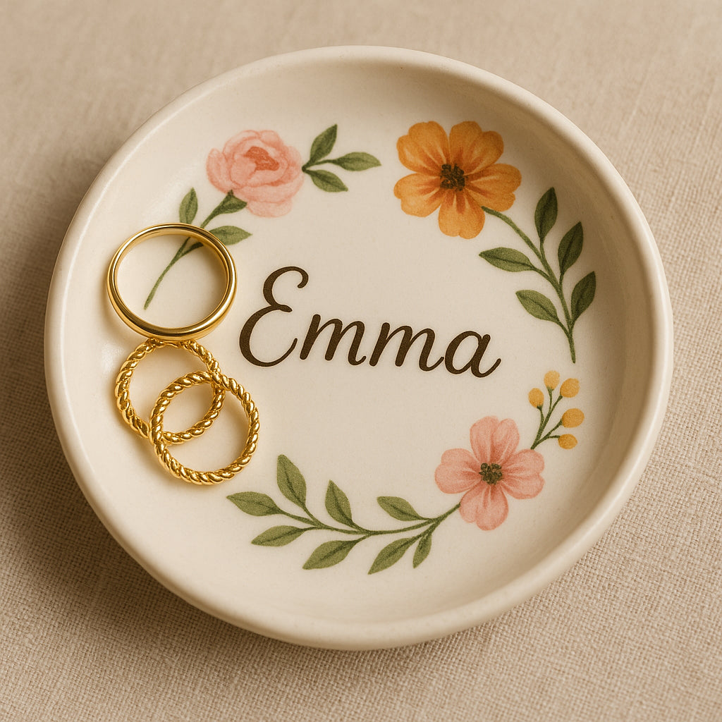 An elegant ceramic personalized name jewelry dish with hand-painted flowers. Alt: Personalized name jewelry dish gift handcrafted with sentimental floral design.