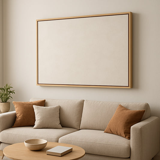 A modern living room with a floating frame canvas on the wall, showing the thin gap and subtle shadow. Alt: floating frame canvas design close-up
