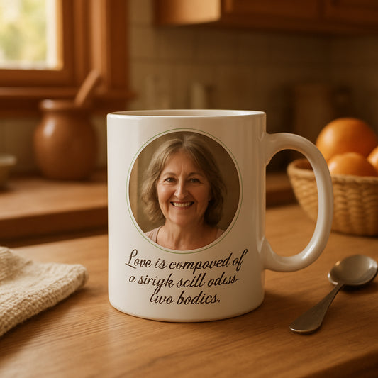 A warm, cozy kitchen scene with a personalized photo mug featuring Mom’s smiling face and a classic love quote printed in elegant script. Alt: Classic love quote personalized photo mug for Mom.