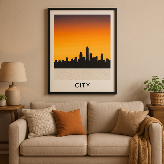 A cozy living room wall decorated with a framed custom map skyline poster gift showing a city's silhouette at sunset. Alt: Custom map skyline poster gift hanging in a stylish modern living room