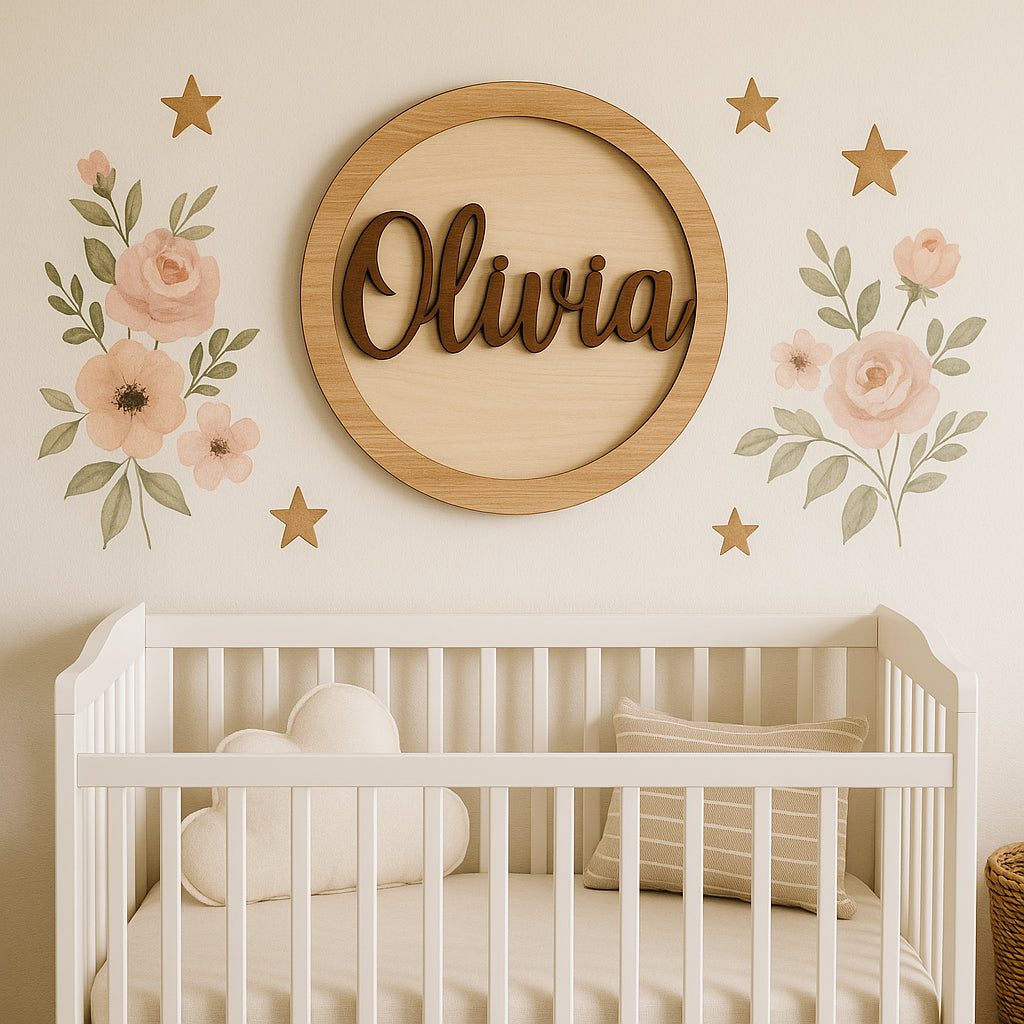 A beautifully decorated nursery wall featuring a personalized wooden name sign above the crib. Alt: Personalized name sign for nursery gift displayed above crib.