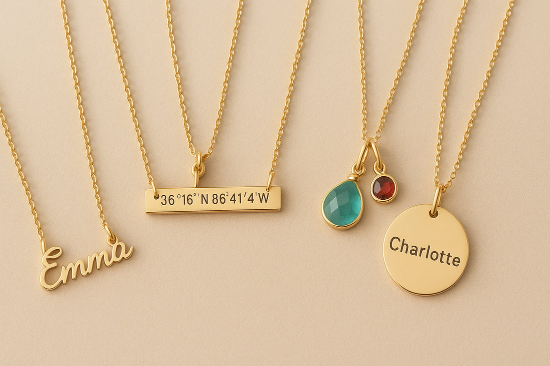 A collection of personalized necklaces featuring name charms, coordinate bars, and birthstone pendants. Alt: Personalized necklace gift collection showcasing unique styles and customization options.