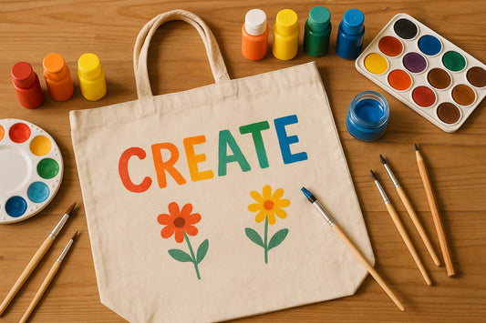 A creative DIY session with a canvas tote bag and art supplies. Alt: DIY personalized tote bag making