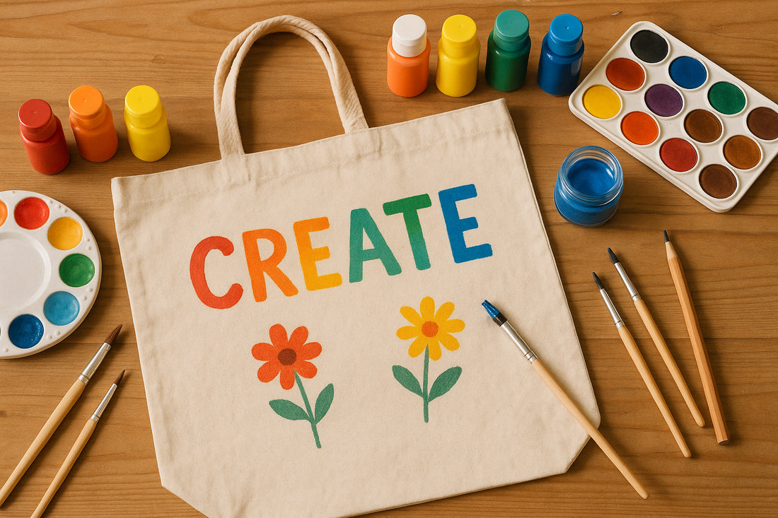 A creative DIY session with a canvas tote bag and art supplies. Alt: DIY personalized tote bag making