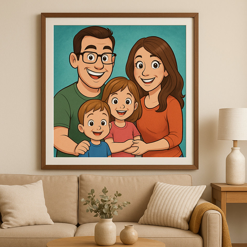 A vibrant custom family cartoon portrait displayed in a cozy living room. Alt: Custom family cartoon portrait as wall art in home decor.