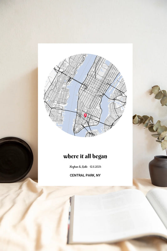 Where it all began custom round map canvas wallart