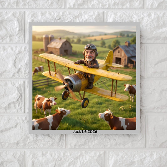 AI Man in His Biplane 3D - Square Canvas & Metal Print